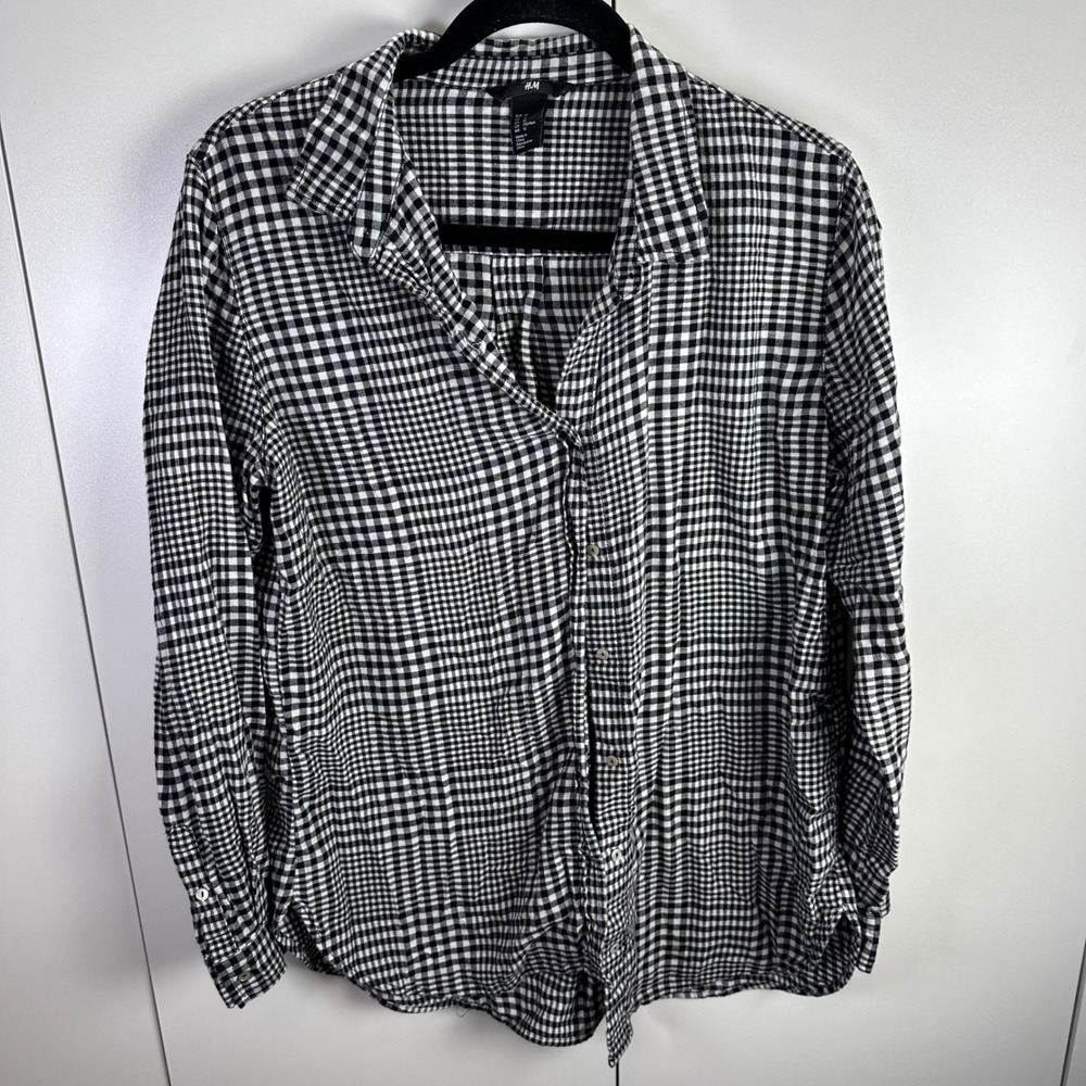 H&M Womens 12 Black‎ White Gingham Check Long Sleeve Button Up Cotton  Staple